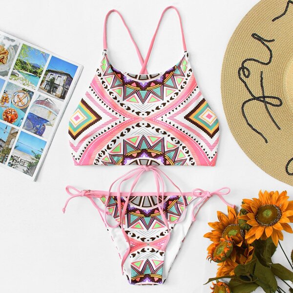 

Plus Geometric Criss Cross Top With Tie Side Bikini