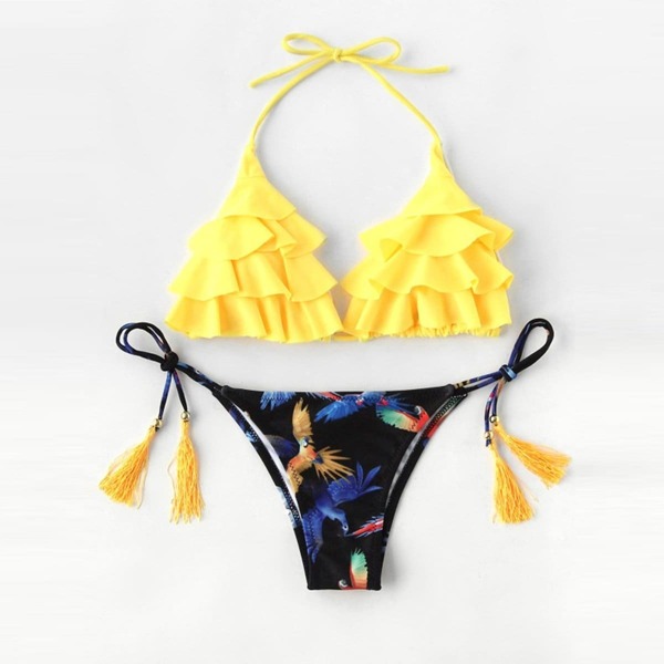 

Plus Tiered Ruffle Halter Top With Tie Side Bikini Set, Multicolor