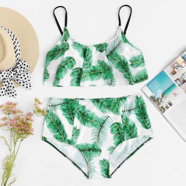 

Plus Jungle Print Top With High Waist Bikini, Green