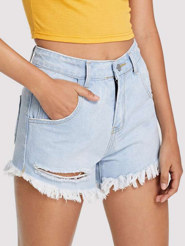 

Faded Raw Hem Denim Shorts, Blue, Starl Lane