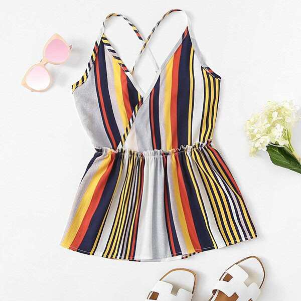 

Cross Back Ruffle Hem Striped Cami Top