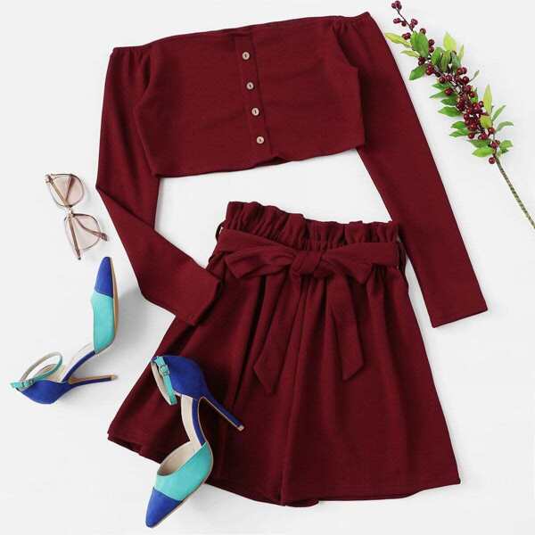 

Off Shoulder Single Breasted Top With Shorts