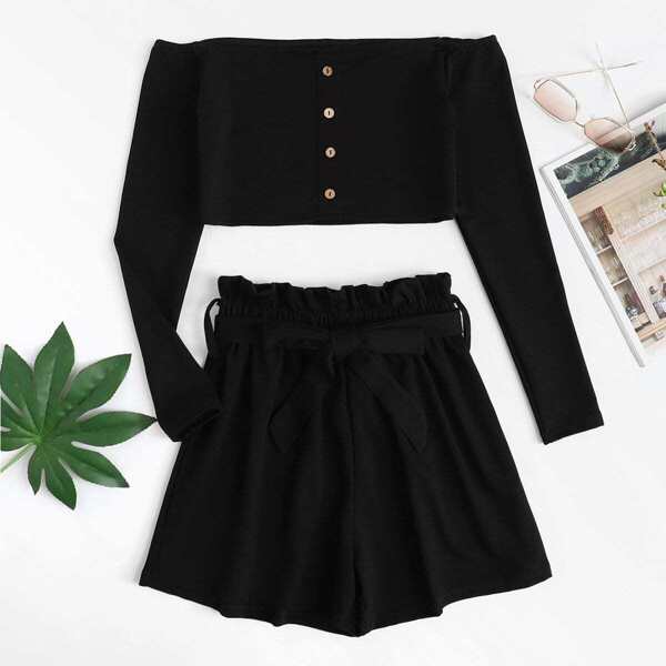 

Off Shoulder Single Breasted Top With Shorts, Black