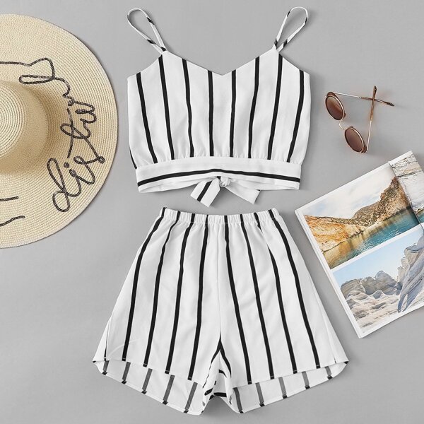 

Striped Random Split Bow Tie Back Cami Top With Shorts