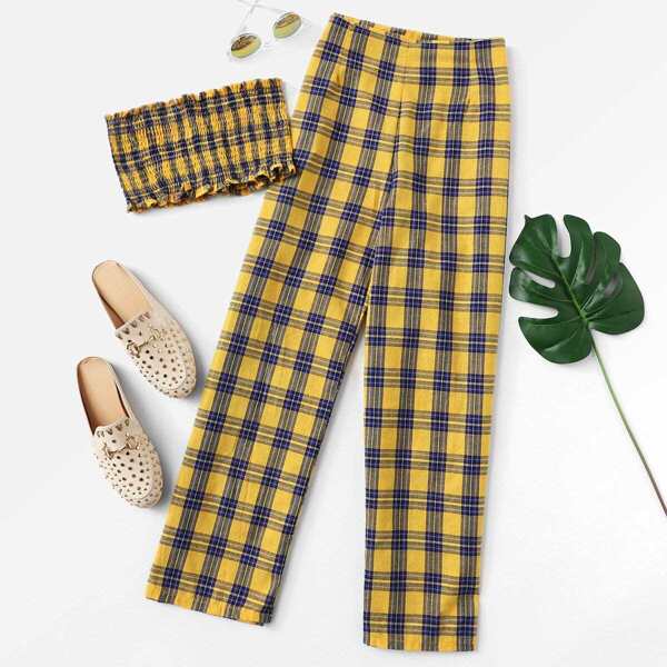 

Frill Trim Plaid Tube Top With Pants