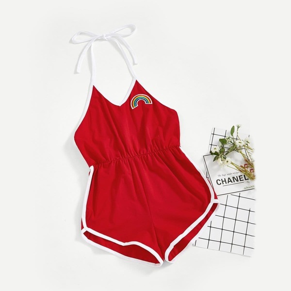 

Girls Rainbow Patched Halter Ringer Romper