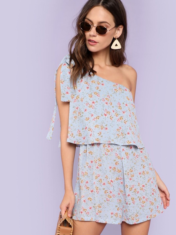

Одно плечо Calico Print двойной слой Romper, Zorana