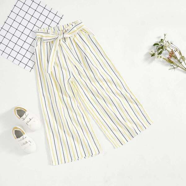 

Girls Striped Wide Leg Pants with Belt, Multicolor