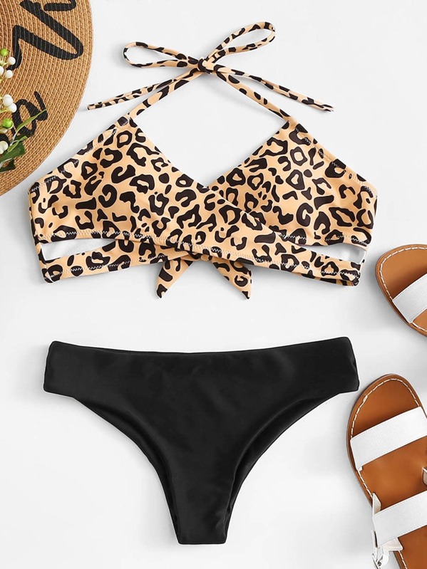 

Cross Wrap Leopard Bikini Set, Multicolor