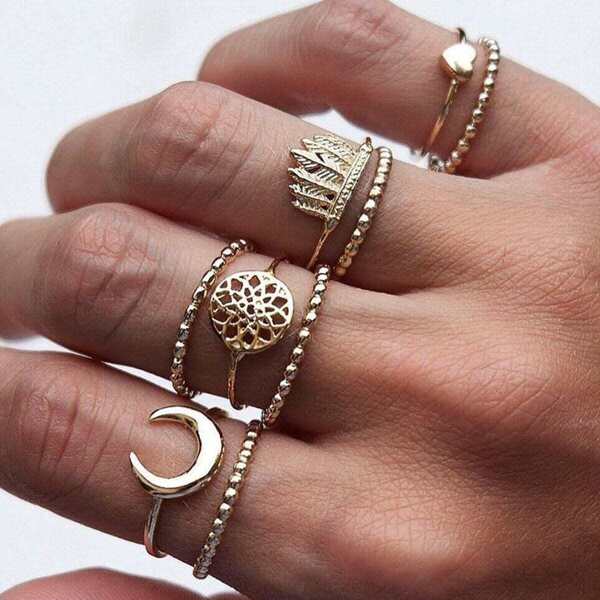 

Moon & Leaf Detail Ring Set 9pcs, Gold