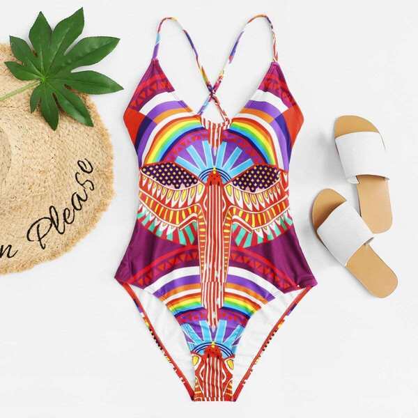 

Plus Tribal Print Lace-up Back One Piece Swimsuit, Multicolor