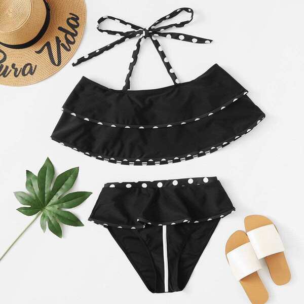 

Plus Tiered Layer Top With High Waist Bikini, Black