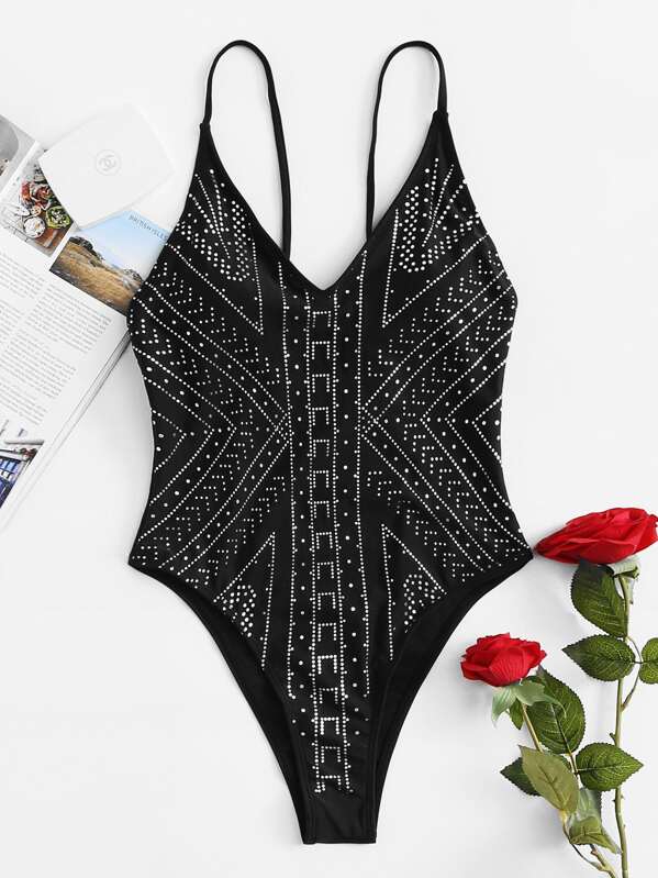 

Geometric Print High Leg One Piece Swimsuit, Black