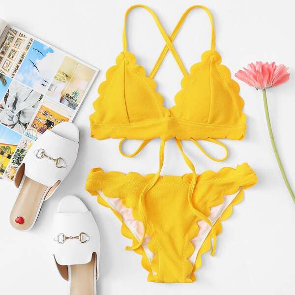 

Criss Cross Self Tie Top With Scallop Trim Bikini Set