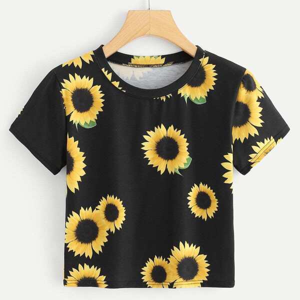 

Sunflower Print Crop Tee, Multicolor