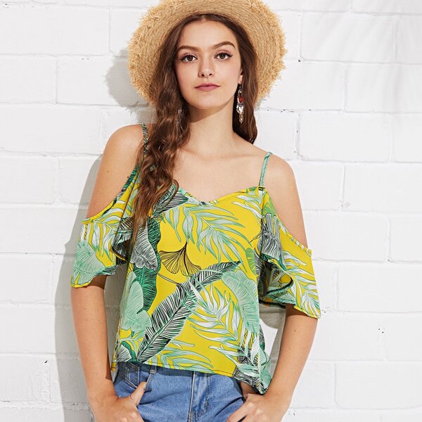 Leaf Print Cold Shoulder Top
