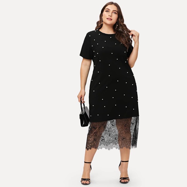 

Plus Lace Panel Pearl Beaded Dress, Black