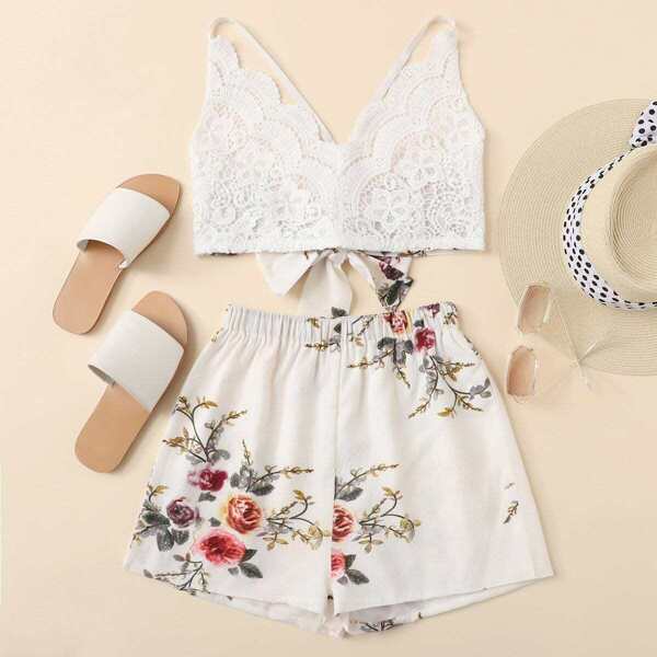 

Lace Criss Cross Back Cami With Shorts