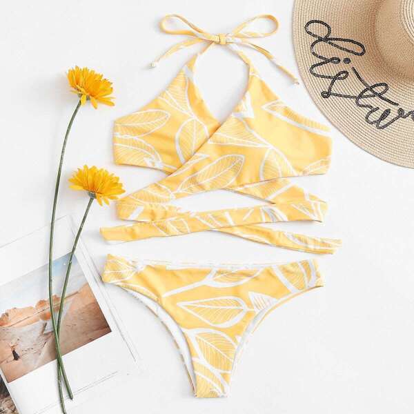 

Leaf Print Cross Wrap Halter Top With High Leg Bikini