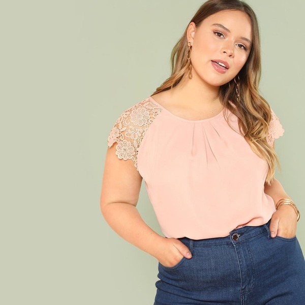 

Plus Gathered Neck Floral Lace Shoulder Top, Pink