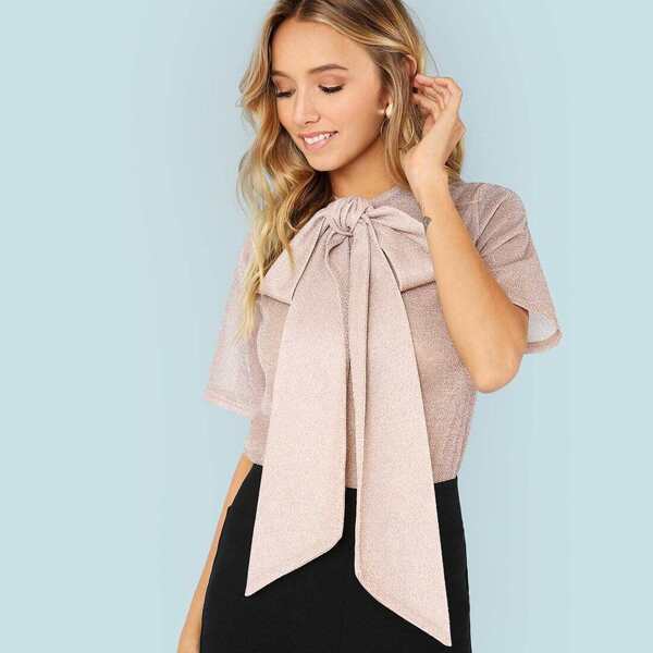 

Exaggerate Bow Tie Neck Glitter Mesh Top