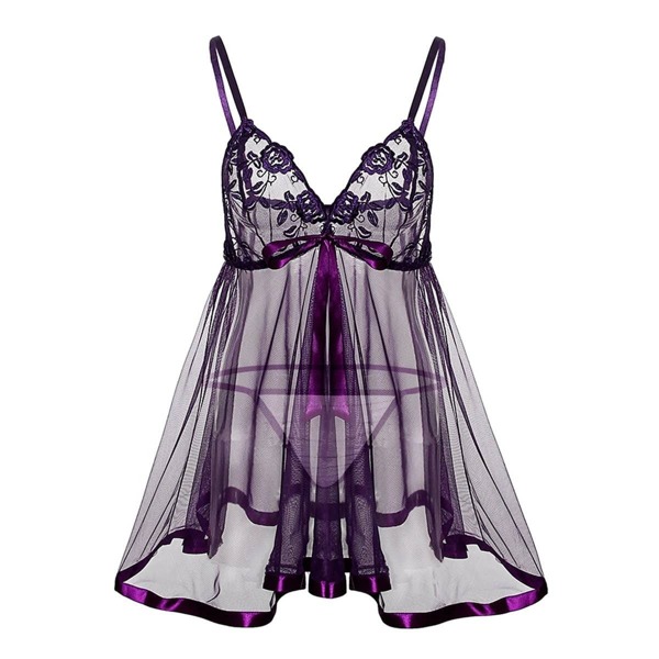 

Plus Embroidery Lace & Mesh Slips With Thong, Purple