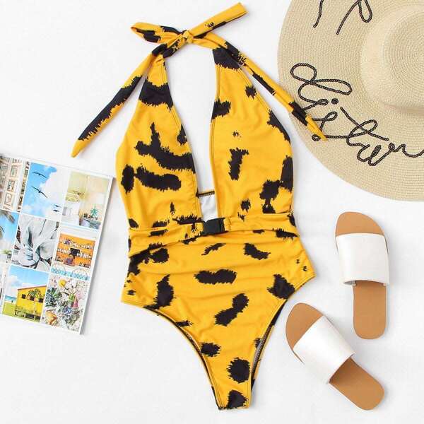 

Plunging Halter One Piece Swimsuit, Multicolor