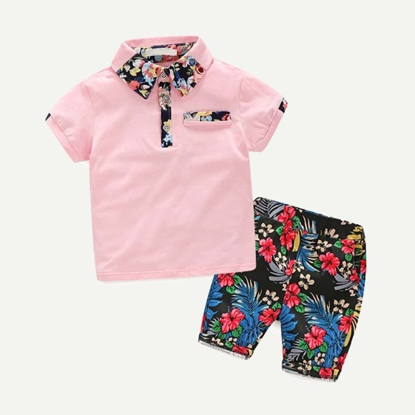 

Toddler Boys Floral Print Polo Shirt With Shorts
