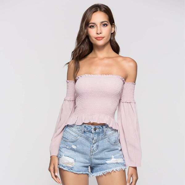 

Off-Shoulder Frill Trim Top, Pink