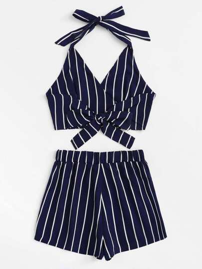 knot back striped halter top with shorts