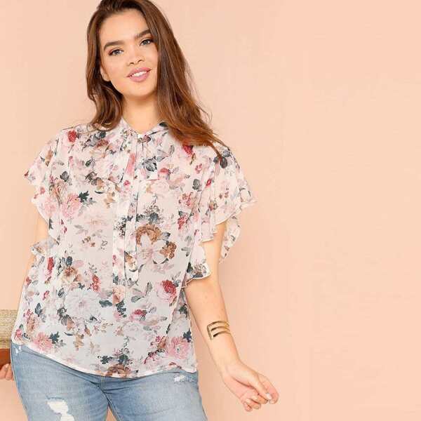

Plus Flutter Sleeve Tied Neck Floral Blouse, Multicolor