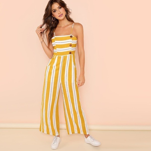 

Striped Print Wide Leg Cami Jumpsuit, Yellow