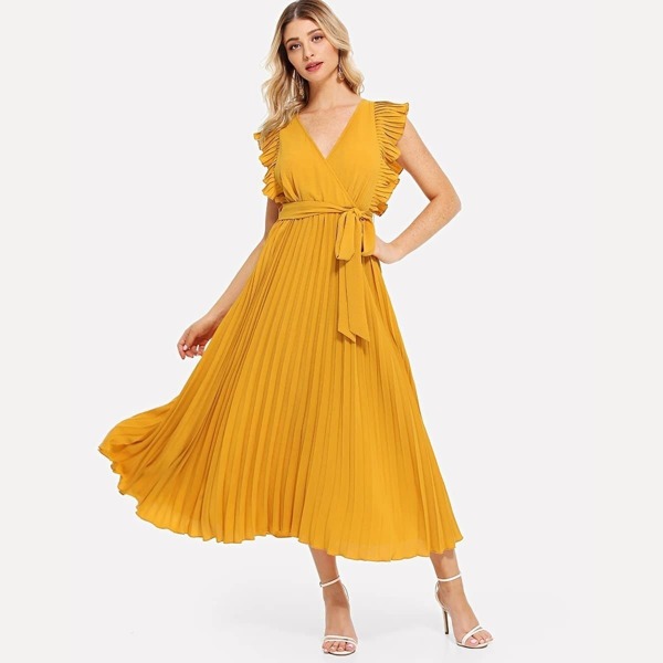 

Ruffle Shoulder Surplice Belted Pleated Dress, Yellow