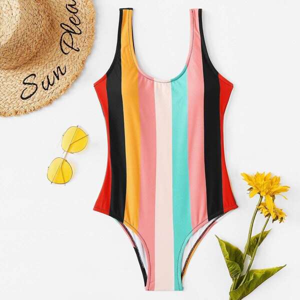 

Low Back Colorful Striped One Piece Swimwear