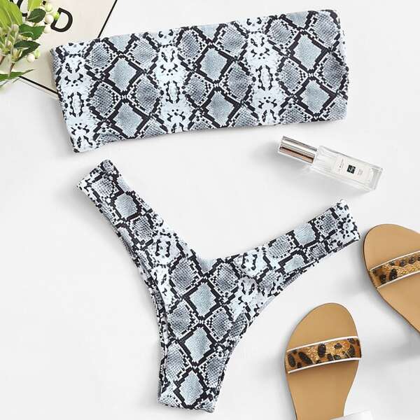 

Snake Print Bandeau With High Leg Bikini Set