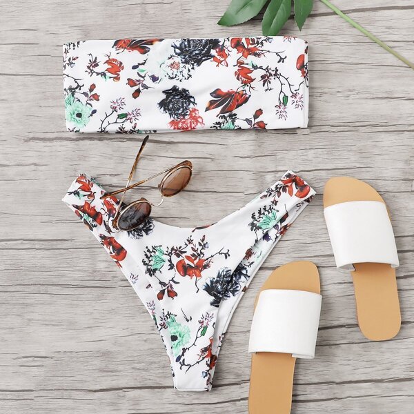 

Flower Print Bandeau With High Leg Bikini Set