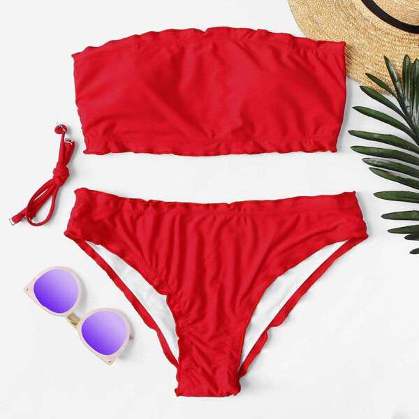 

Seam Trim Bndeau With Lettuce Trim Bikini Set, Red