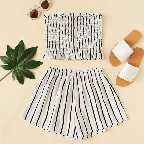 

Frill Trim Striped Tube Top With Shorts