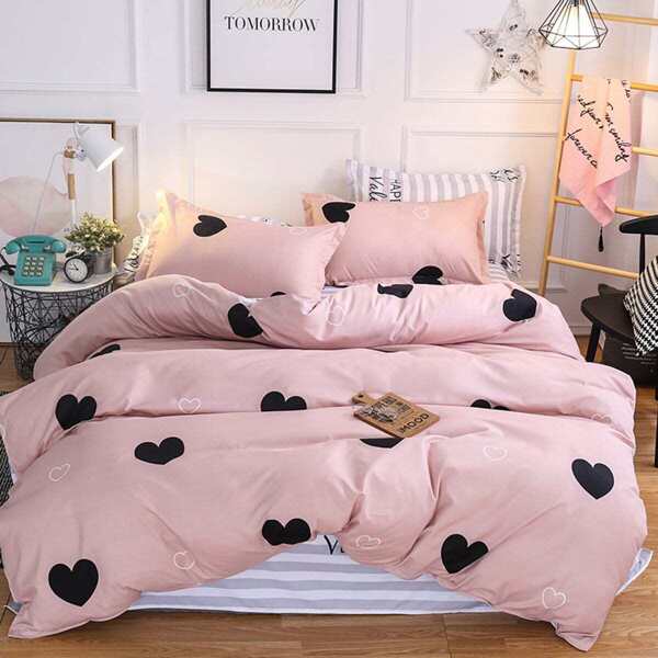 

Heart Print Sheet Set, Baby pink