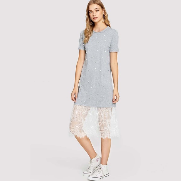 

Pearls Beaded Detail Lace Hem Dress