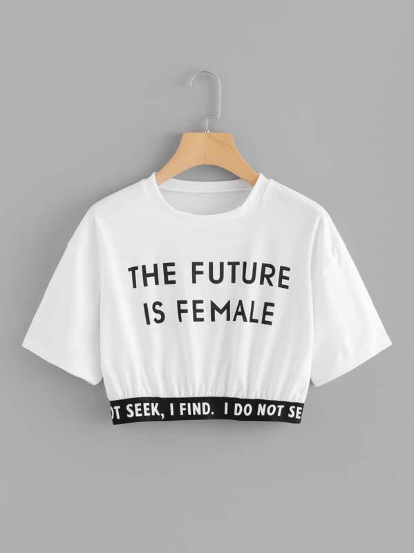 

Slogan Graphic Tape Trim Crop Tee, White