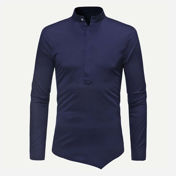 

Men Plain Asymmetric Hem Blouse, Navy blue