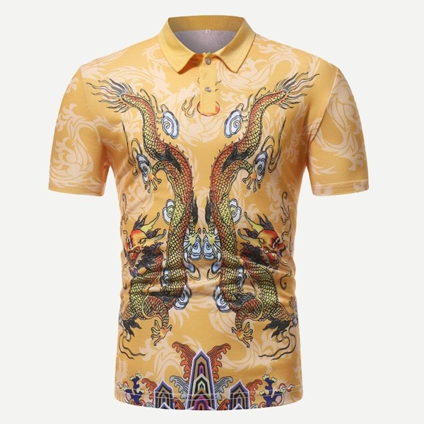 

Men Dragon Print Polo Shirt, Yellow