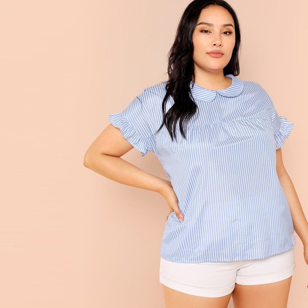 

Plus Ruffle Cuff Striped Top, Blue