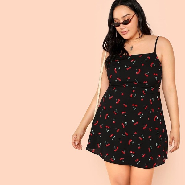 

Plus Allover Cherry Print Cami Dress, Black