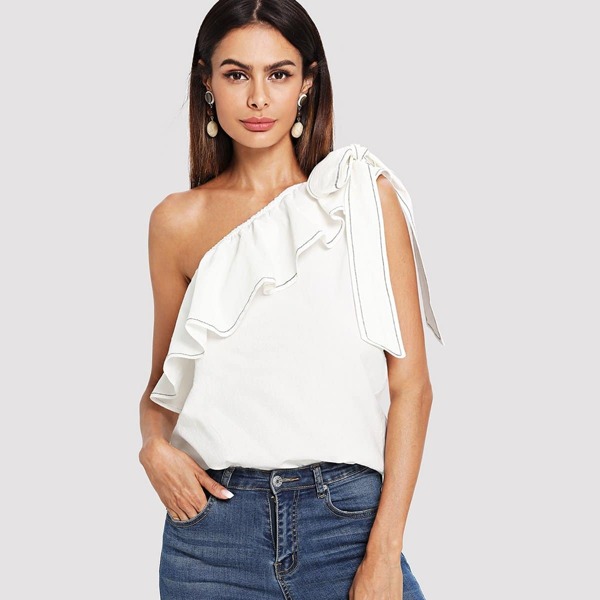 

Ruffle Trim Knotted One Shoulder Top, White