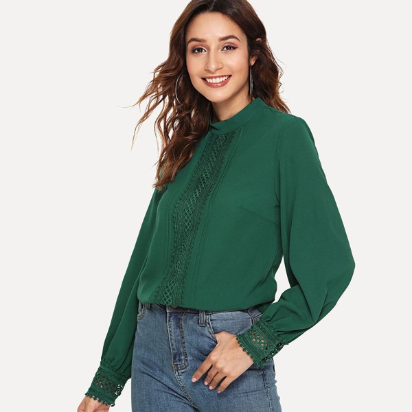 

Mock Neck Guipure Lace Panel Top, Green