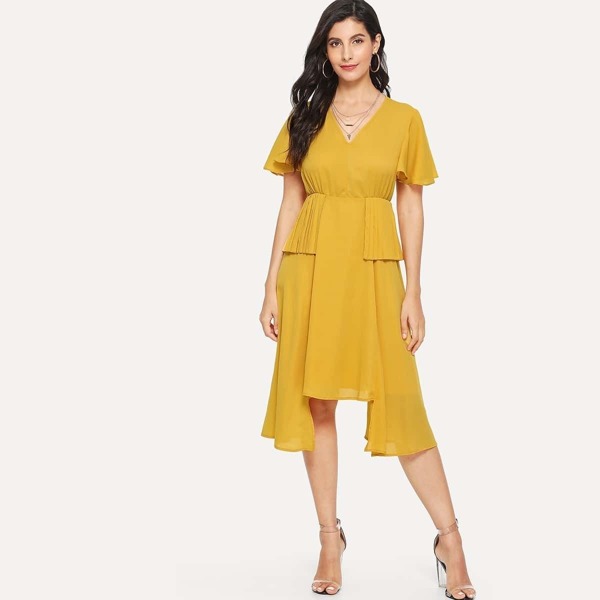 

Flutter Sleeve Pleated Panel Asymmetrical Hem Dress