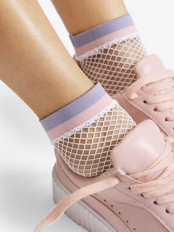

Striped Hem Fishnet Socks, Multicolor