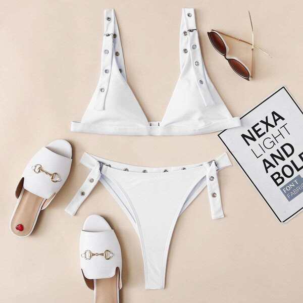 

Eyelet Buckle Top With High Leg Bikini Set, White